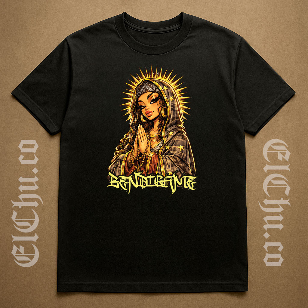 Bendigame T-Shirt Design: Chola-Inspired Virgen Artwork with Street Lettering